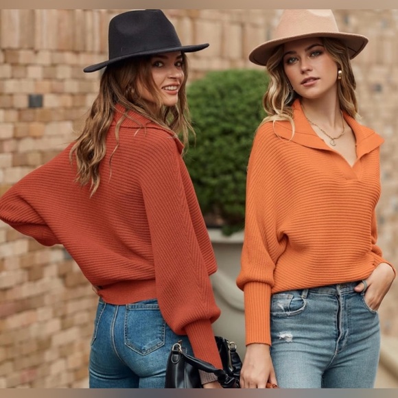 Sweater / V Neck Collared Batwing Knit Sweater - Picture 5 of 8